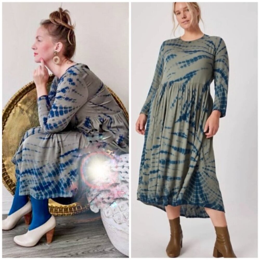 Anthropologie DOLAN Eliska Moss Green Navy Tie-Dye Long Sleeve Maxi Dress